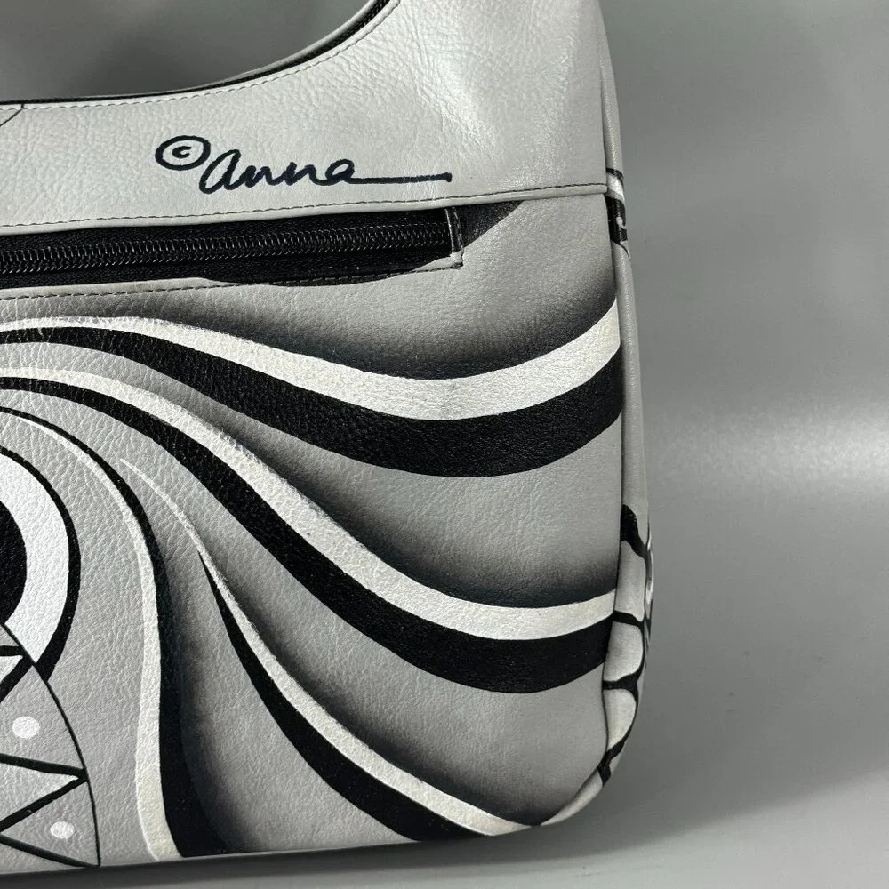 Anna by Anuschka Black/White Floral Leather Hobo Shoulder Bag - Picture 7 of 15
